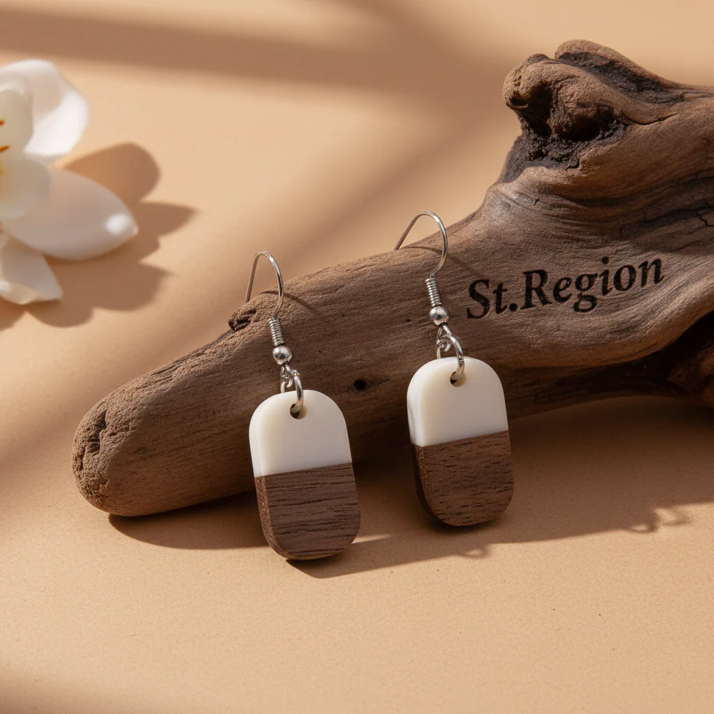 White Resin & Wood Silvertone Patchwork Rectangle Hook Earrings - Image 2