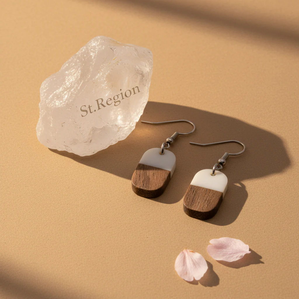 White Resin & Wood Silvertone Patchwork Rectangle Hook Earrings - Image 3