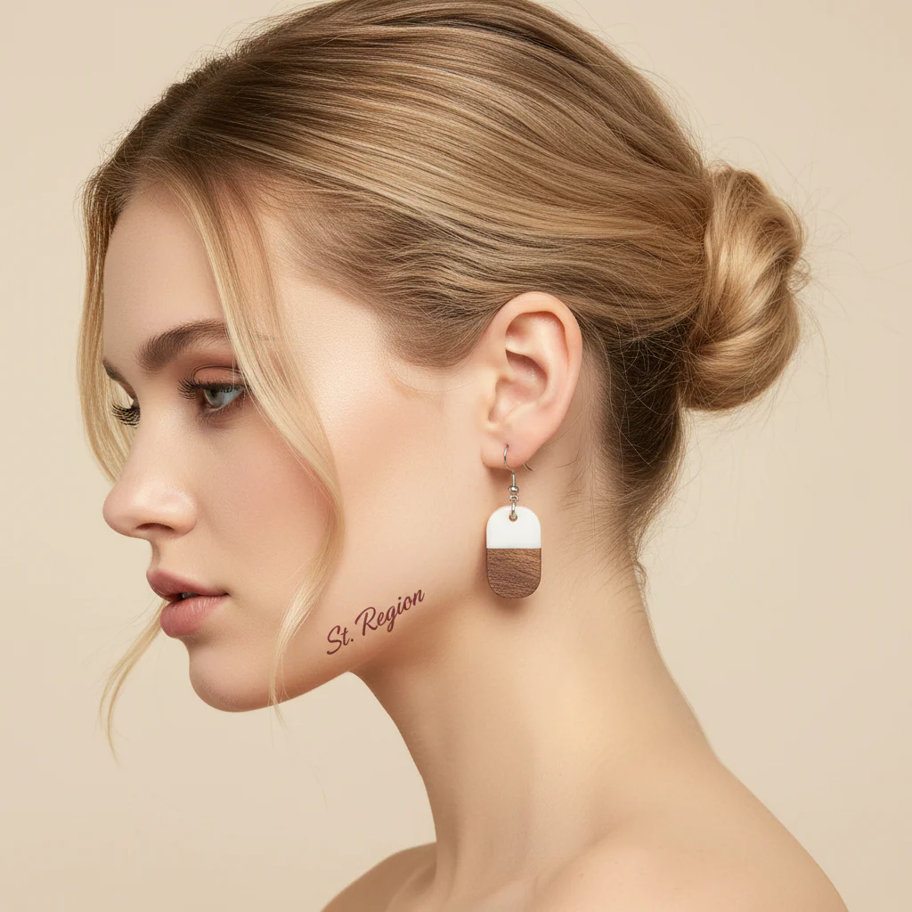 White Resin & Wood Silvertone Patchwork Rectangle Hook Earrings - Image 5