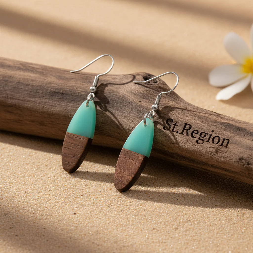 Green Resin & Wood Silvertone Patchwork Oval Hook Earrings - Image 2