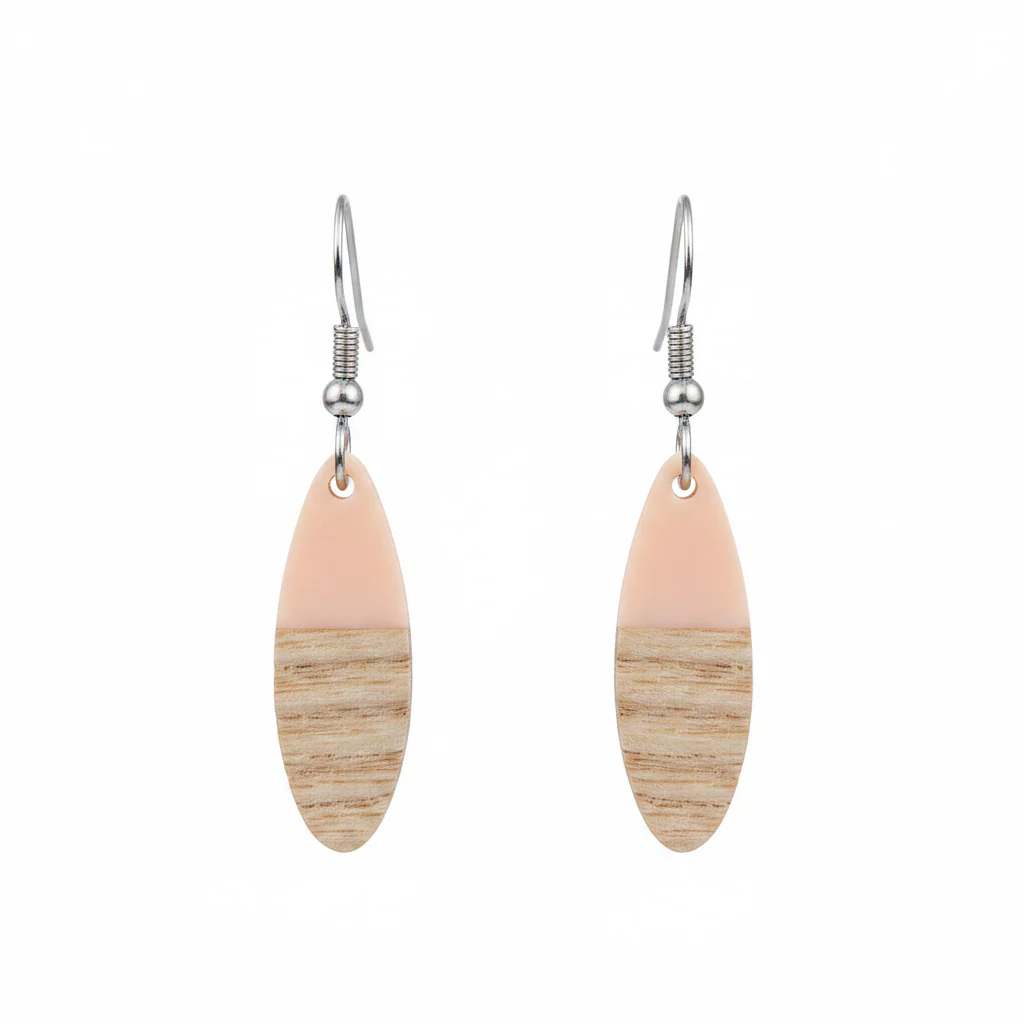Pink Resin & Wood Silvertone Patchwork Oval Hook Earrings