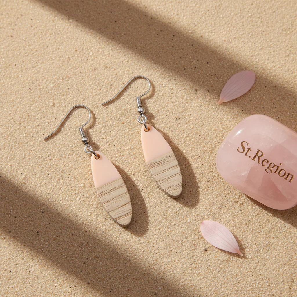 Pink Resin & Wood Silvertone Patchwork Oval Hook Earrings - Image 3