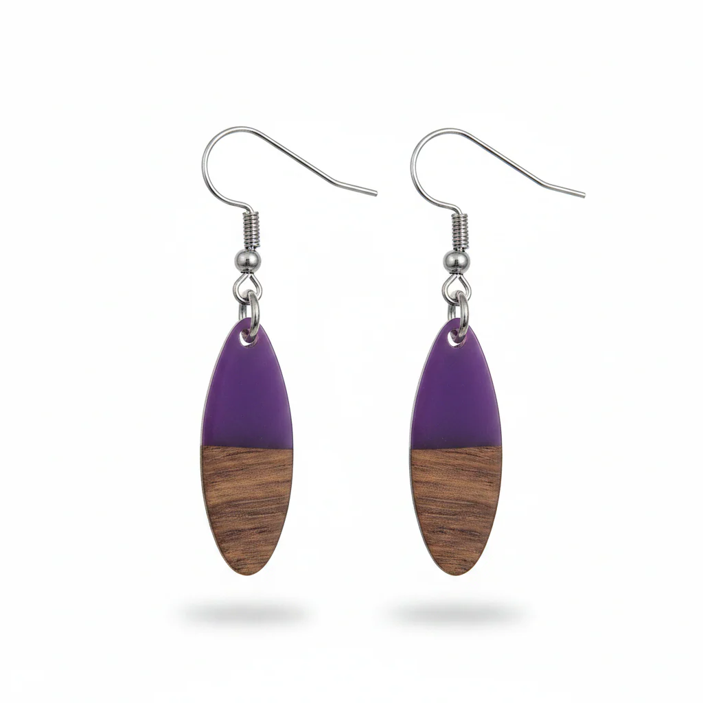 Purple Resin & Wood Silvertone Patchwork Oval Hook Earrings