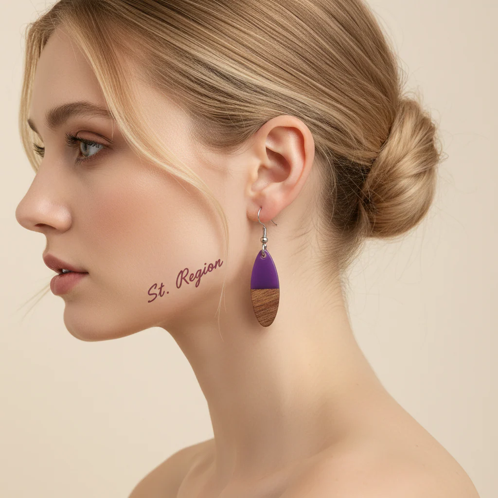 Purple Resin & Wood Silvertone Patchwork Oval Hook Earrings - Image 5