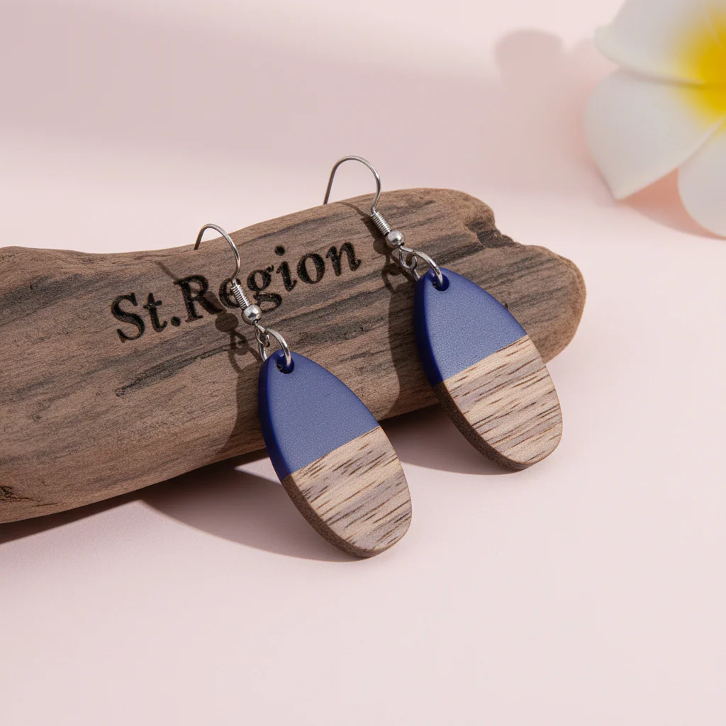 Blue Resin & Wood Silvertone Patchwork Teardrop Hook Earrings - Image 2