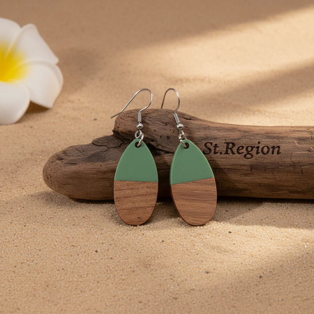 Green Resin & Wood Silvertone Patchwork Teardrop Hook Earrings - Image 2