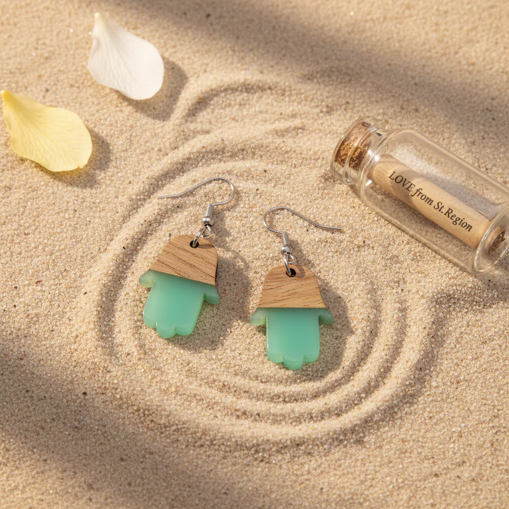 Green Resin & Wood Silvertone Patchwork Hamsa Hook Earrings - Image 4