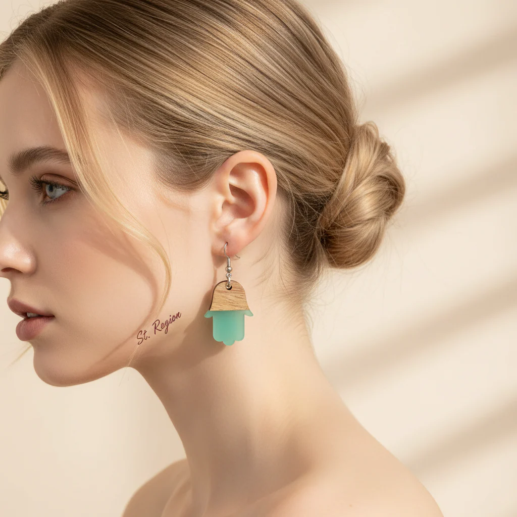 Green Resin & Wood Silvertone Patchwork Hamsa Hook Earrings - Image 5