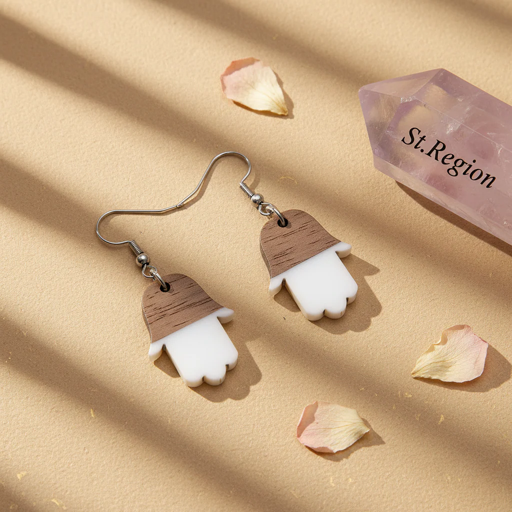 White Resin & Wood Silvertone Patchwork Hamsa Hook Earrings - Image 3