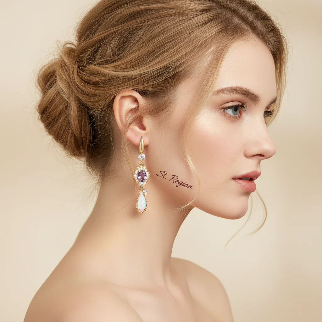 Purple Crystal & Jade Cubic Zirconia Goldtone Hexagon Drop Earrings - Image 5