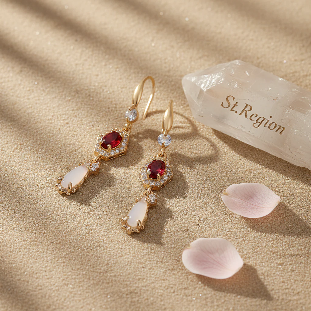 Red Crystal & Jade Cubic Zirconia Goldtone Hexagon Drop Earrings - Image 3