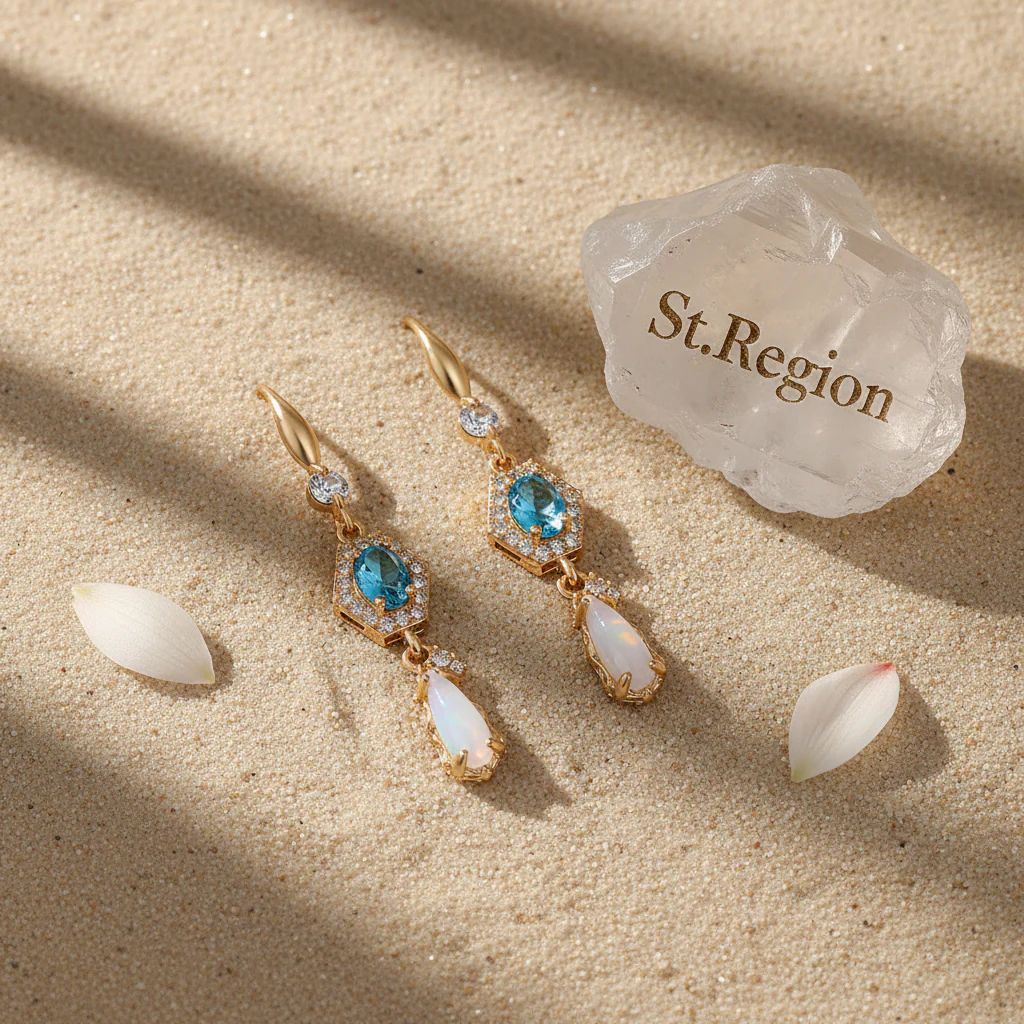 Sea Blue Crystal & Jade Cubic Zirconia Goldtone Hexagon Drop Earrings - Image 3