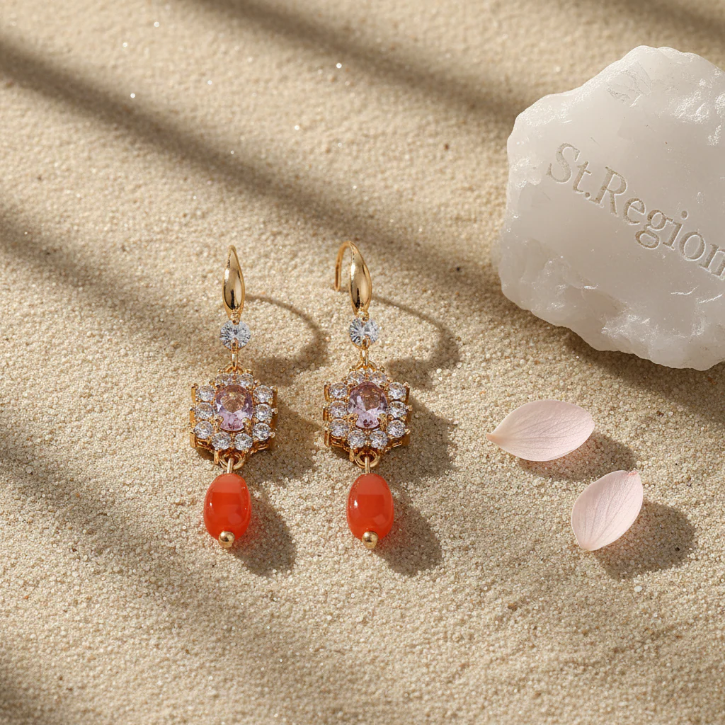 Pink Crystal & Resin Cubic Zirconia Goldtone Oval Flower Drop Earrings - Image 3