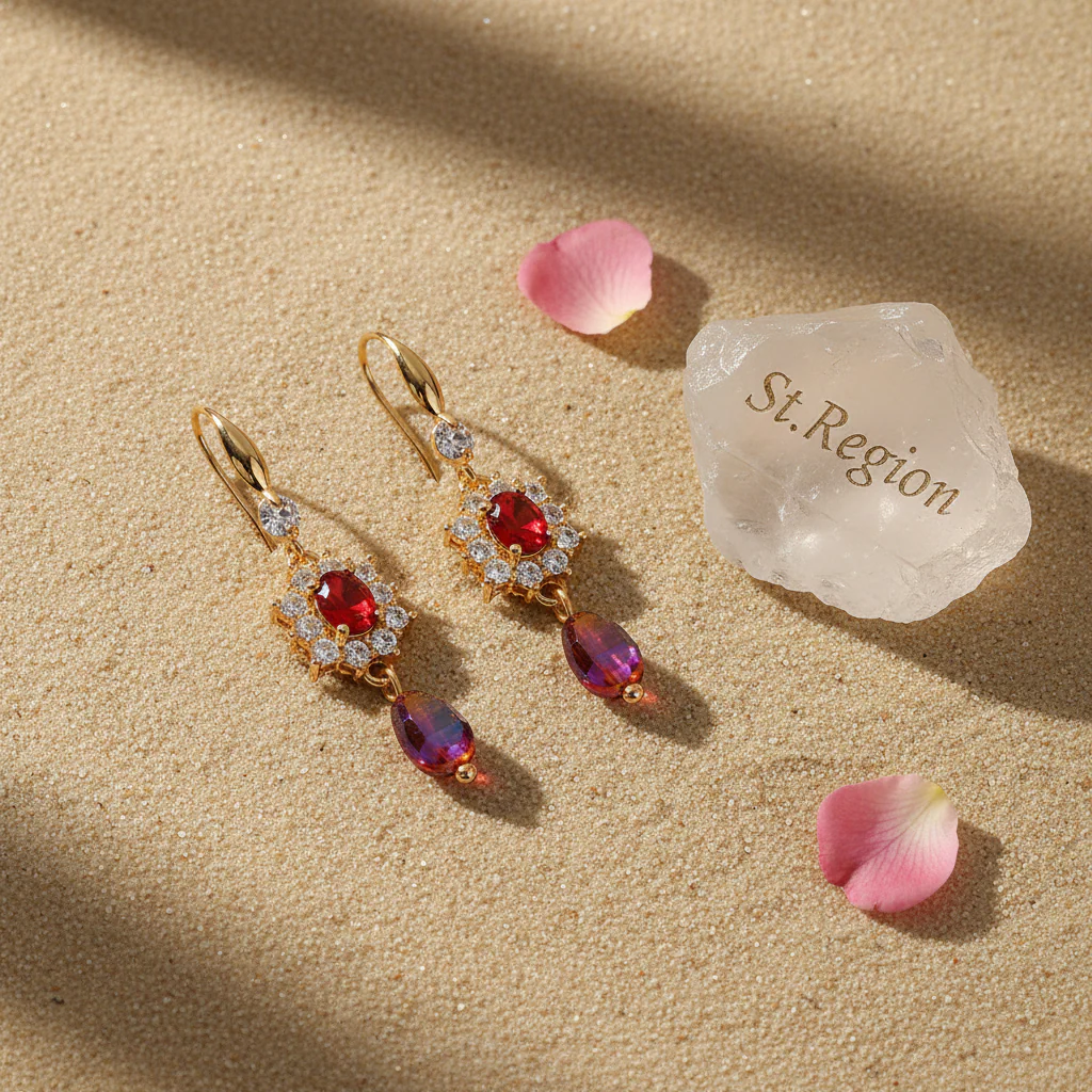 Red Crystal & Resin Cubic Zirconia Goldtone Oval Flower Drop Earrings - Image 3