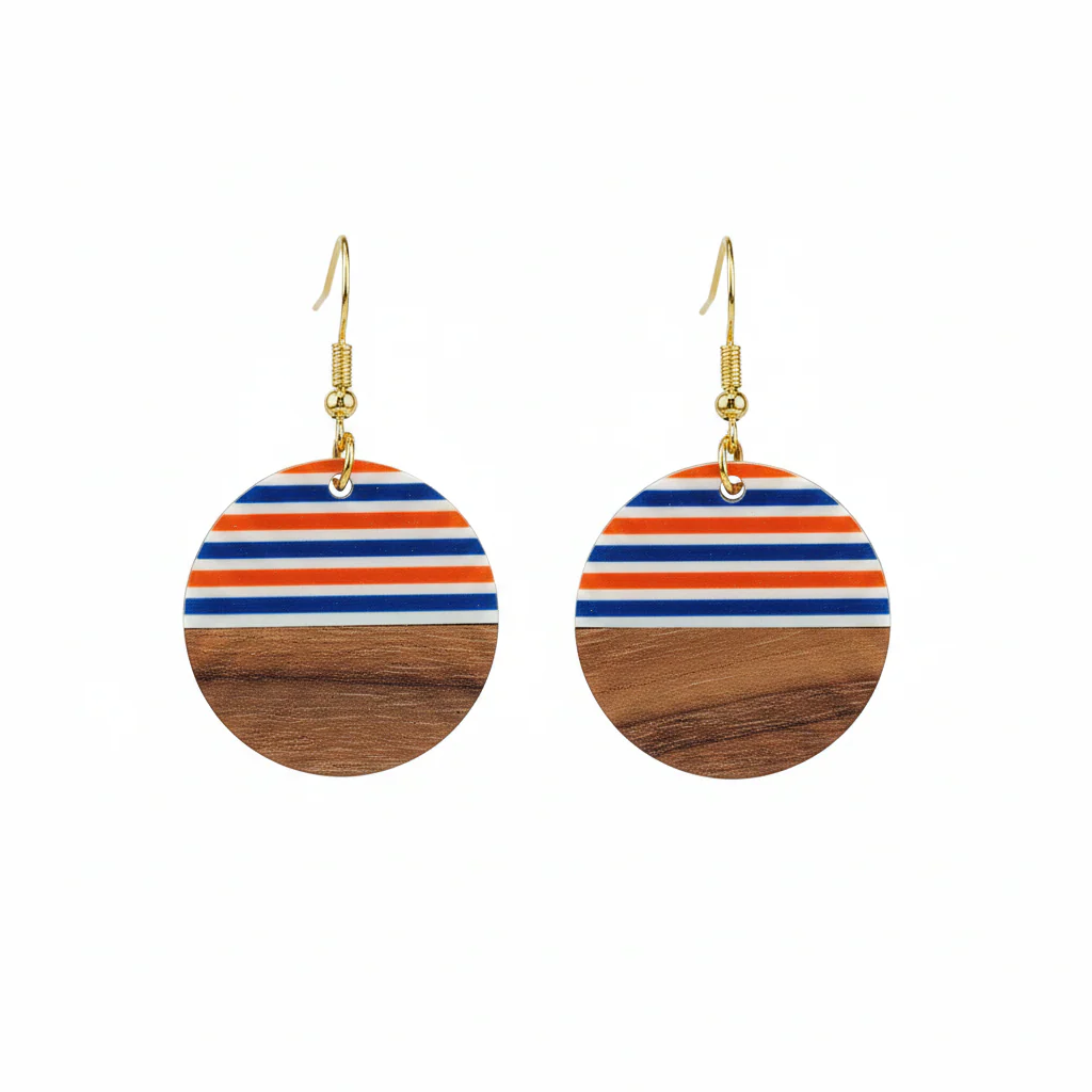 Orange & Blue Resin Wood Goldtone Striped Circular Hook Earrings