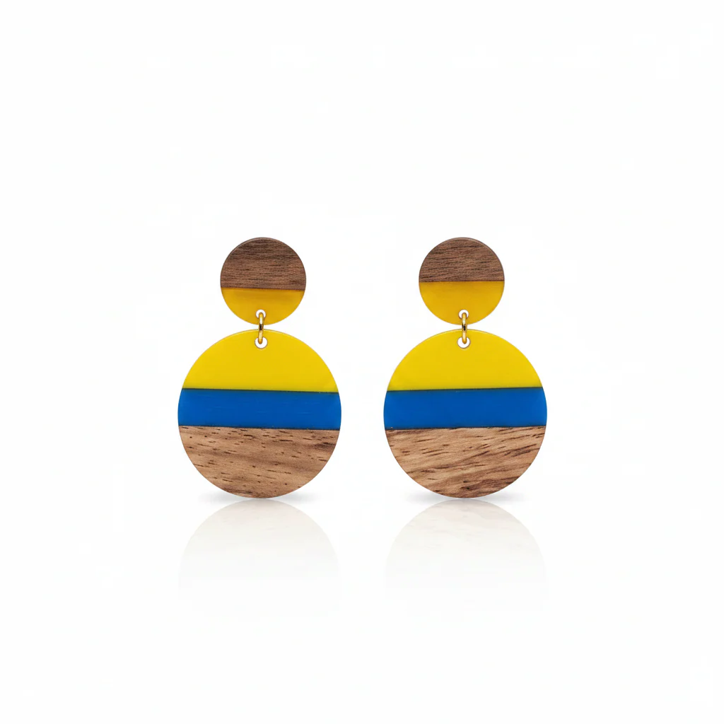 Yellow & Blue Resin Wood Goldtone Striped Circular Dangle Earrings