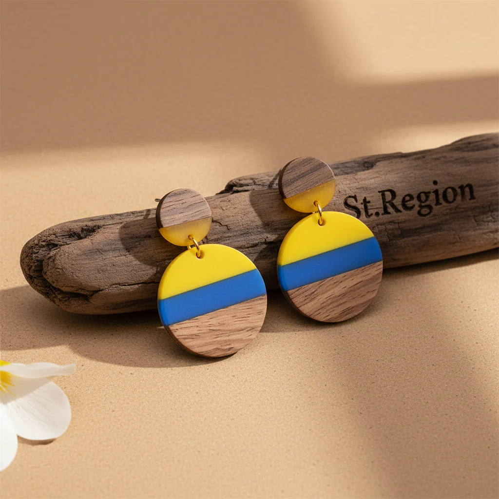 Yellow & Blue Resin Wood Goldtone Striped Circular Dangle Earrings - Image 2