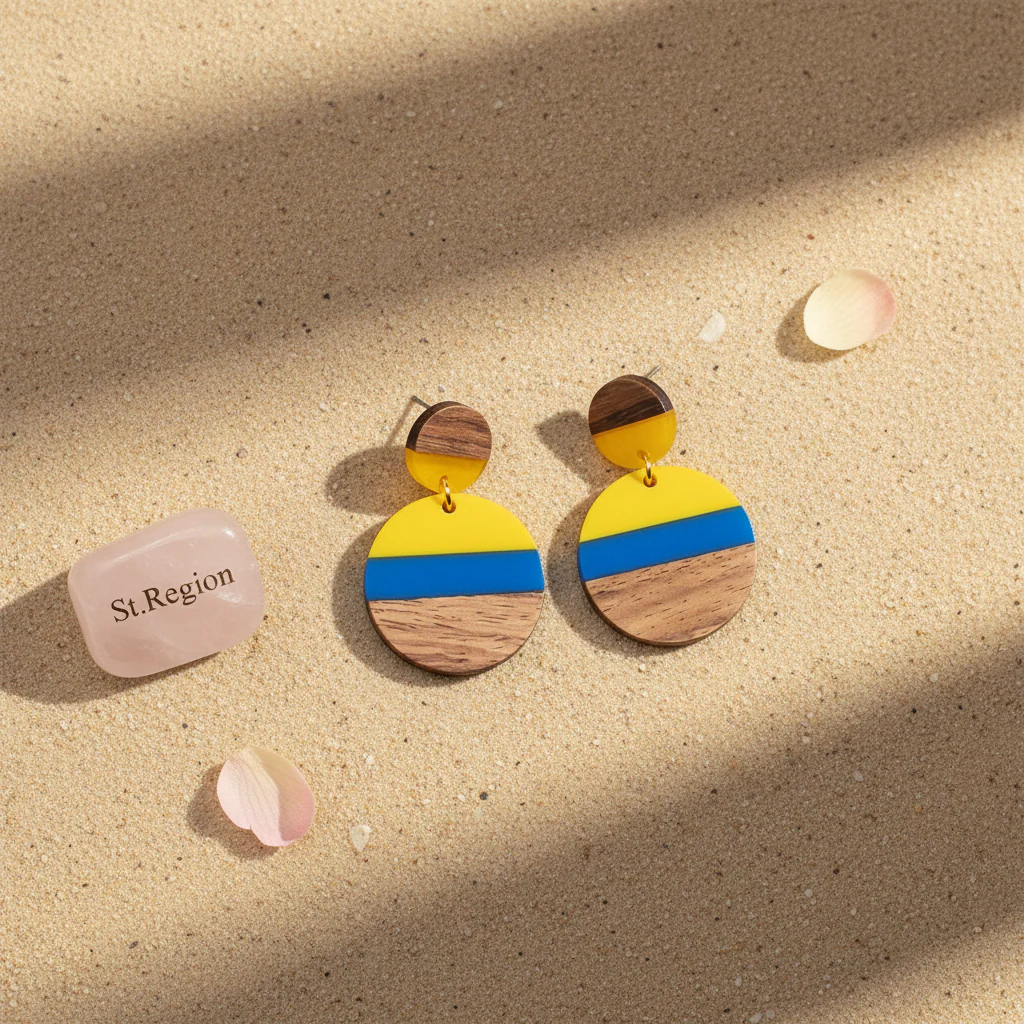 Yellow & Blue Resin Wood Goldtone Striped Circular Dangle Earrings - Image 3