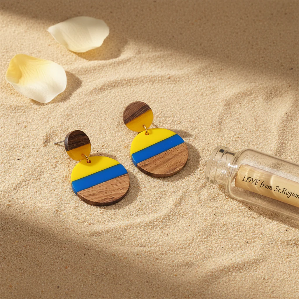 Yellow & Blue Resin Wood Goldtone Striped Circular Dangle Earrings - Image 4