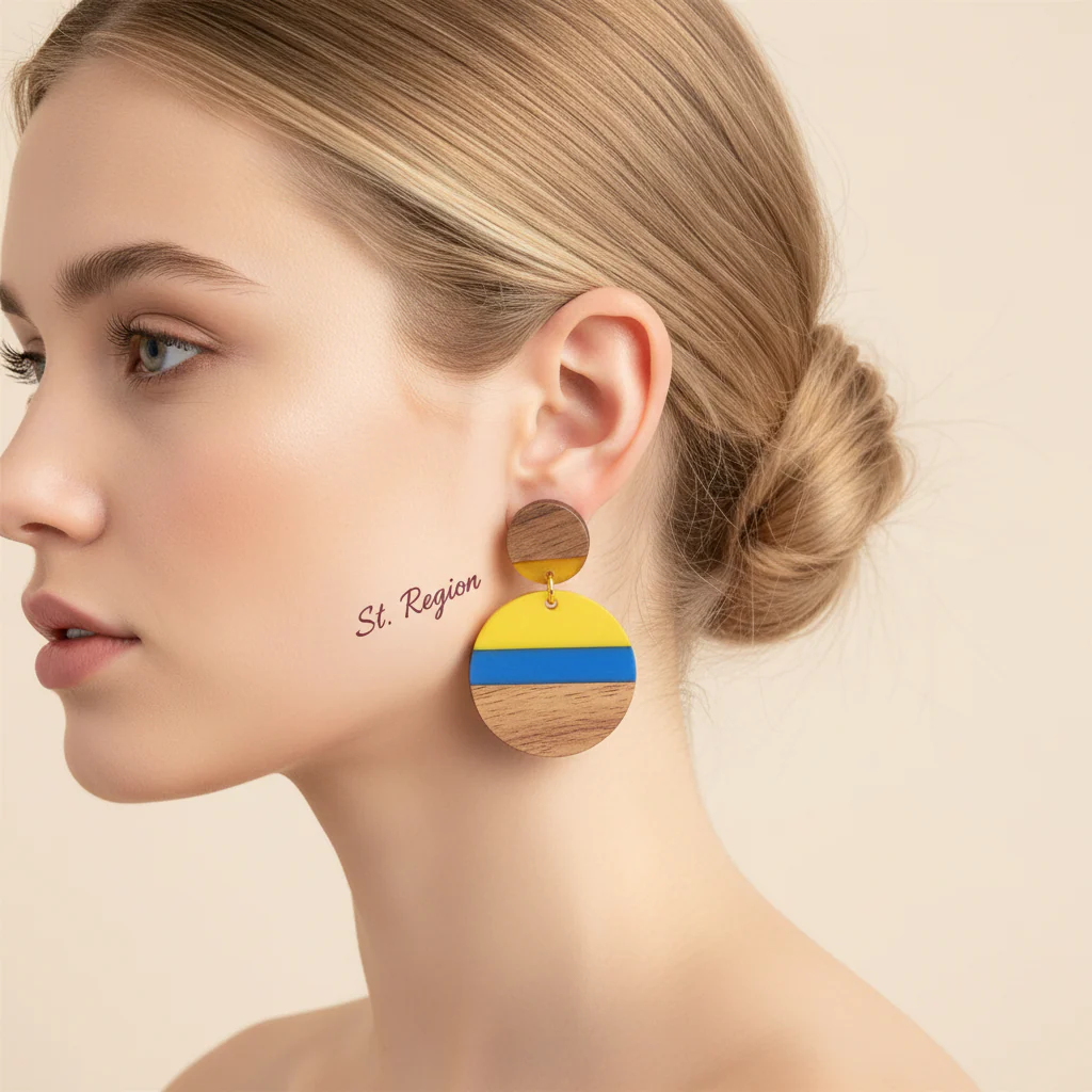 Yellow & Blue Resin Wood Goldtone Striped Circular Dangle Earrings - Image 5