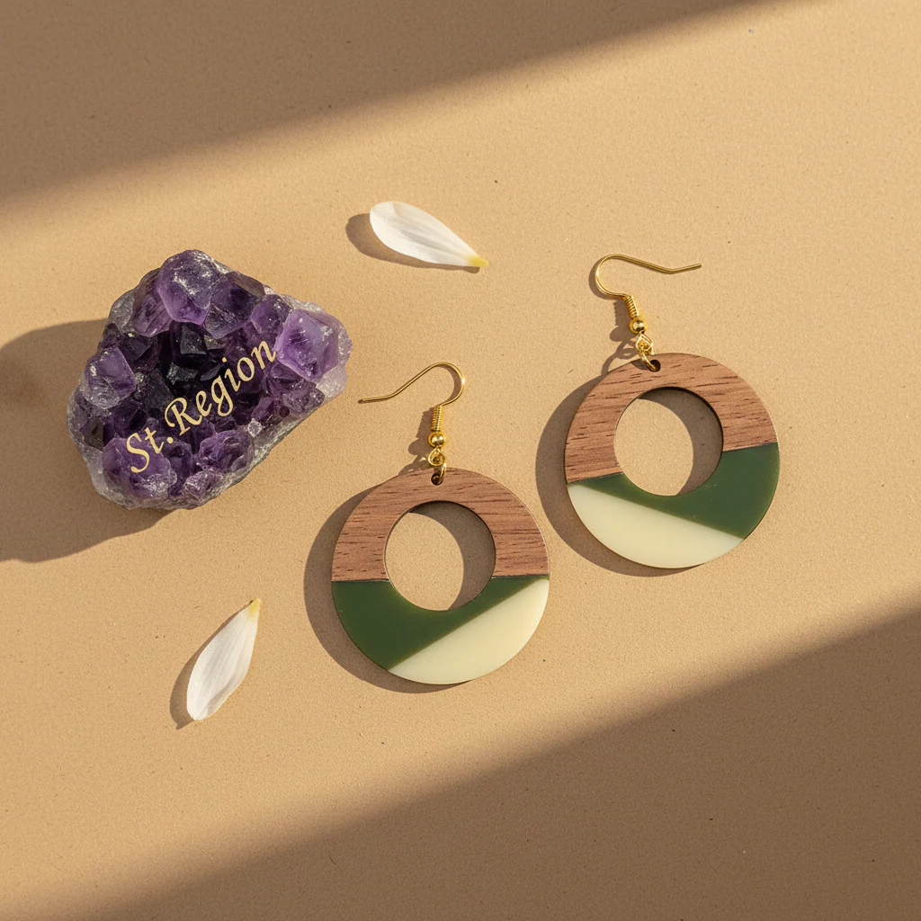 Green & White Resin Wood Goldtone Patchwork Open Circular Hook Earrings - Image 3