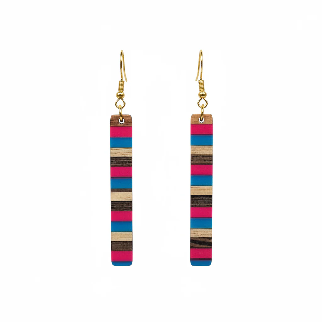 Rose & Blue Resin Wood Goldtone Striped Bar Hook Earrings