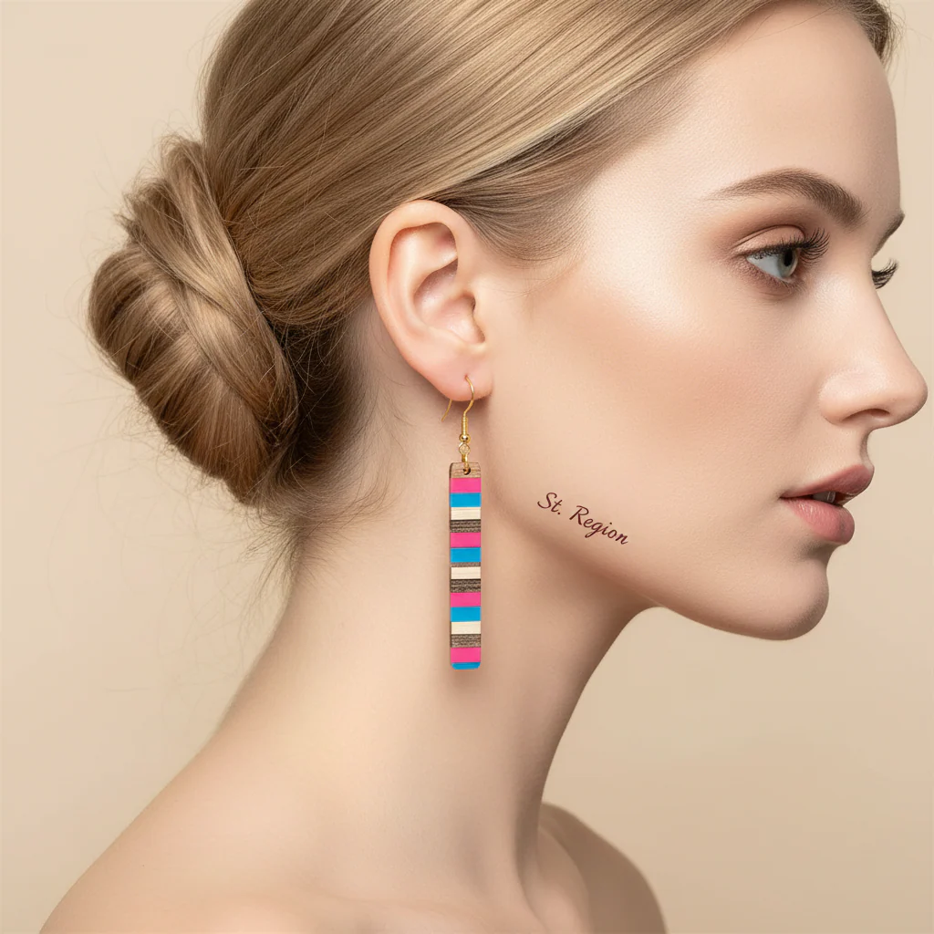 Rose & Blue Resin Wood Goldtone Striped Bar Hook Earrings - Image 5