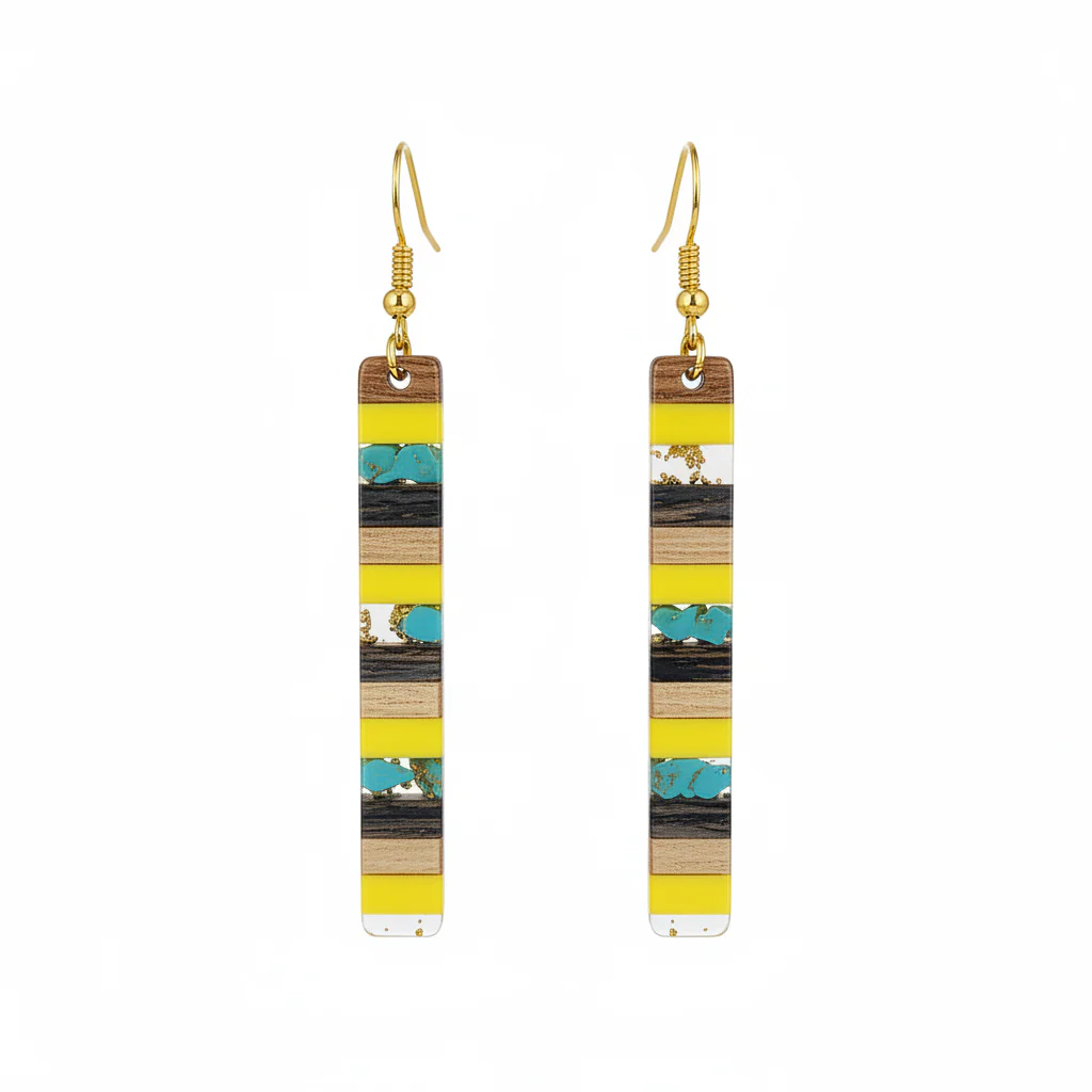 Yellow Resin & Wood Goldtone Striped Bar Hook Earrings