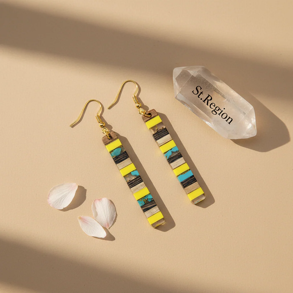 Yellow Resin & Wood Goldtone Striped Bar Hook Earrings - Image 3