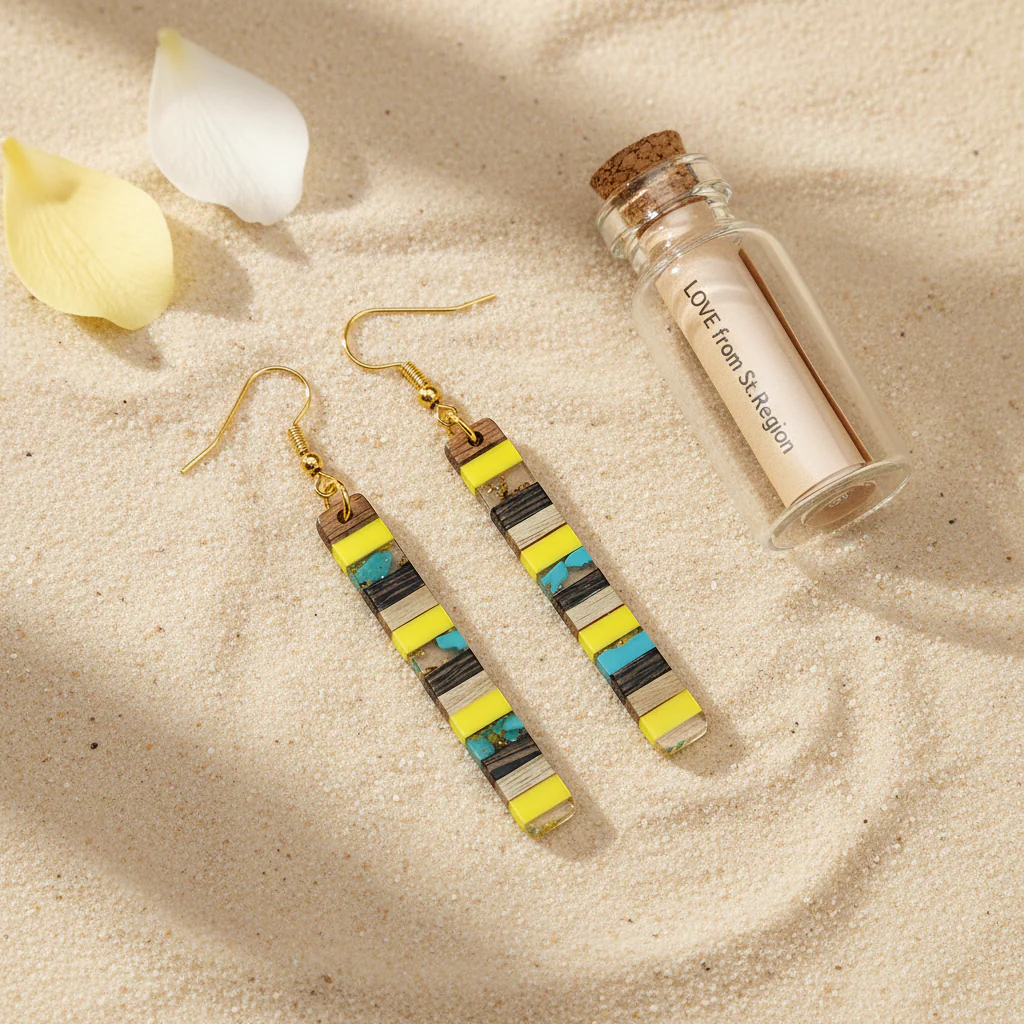 Yellow Resin & Wood Goldtone Striped Bar Hook Earrings - Image 4