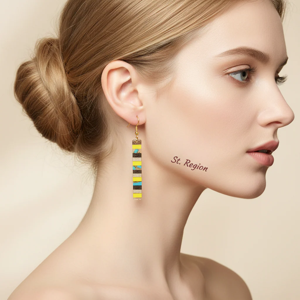 Yellow Resin & Wood Goldtone Striped Bar Hook Earrings - Image 5