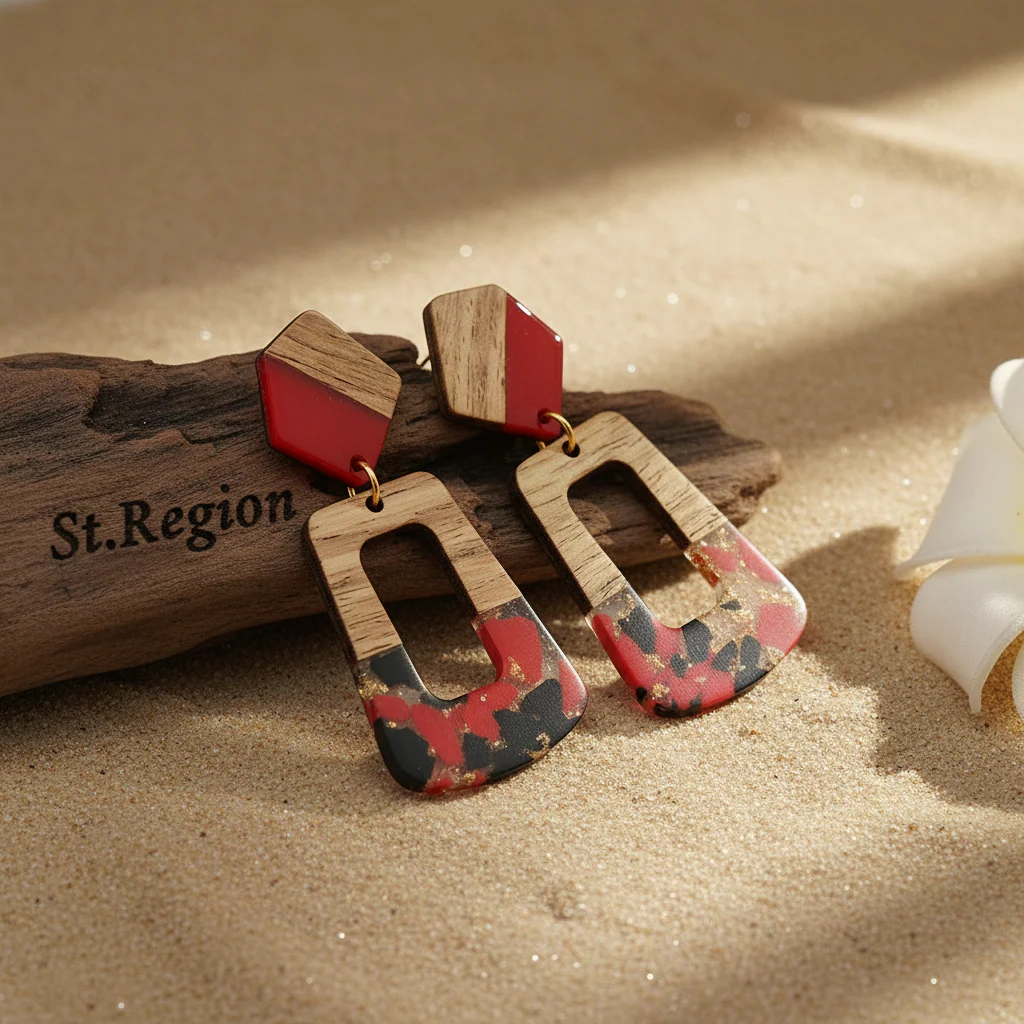 Red & Blue Resin Wood Goldtone Open Rectangular Hook Earrings - Image 2