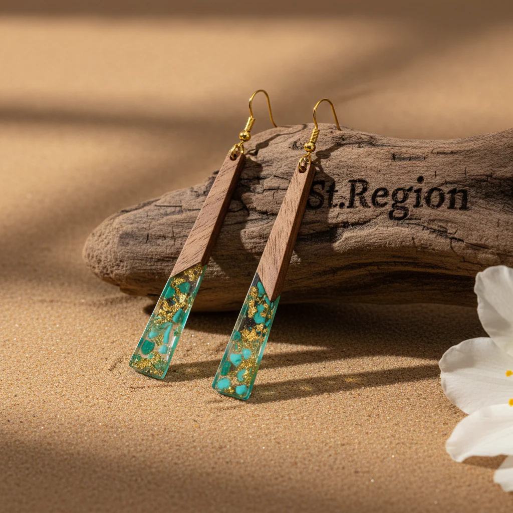 Green Resin & Wood Goldtone Long ‌Trapezoid Hook Earrings - Image 2