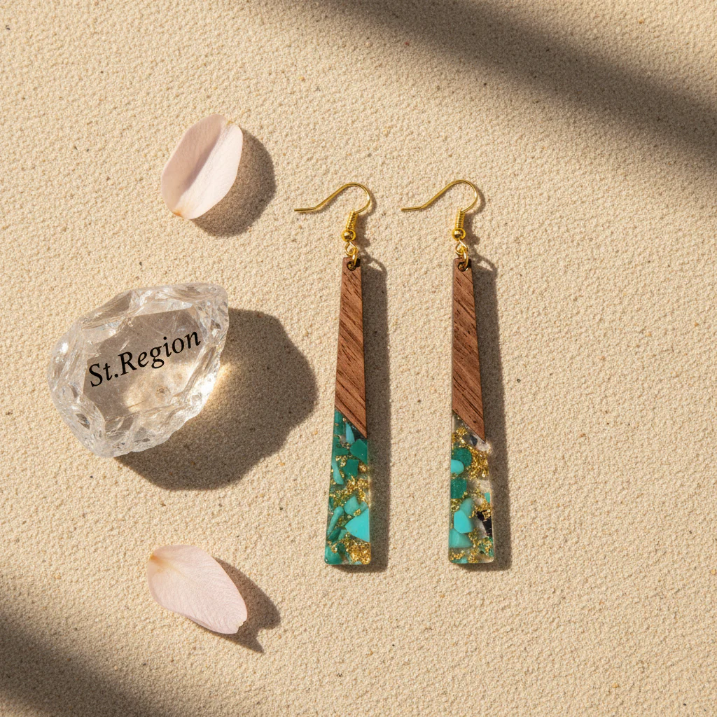Green Resin & Wood Goldtone Long ‌Trapezoid Hook Earrings - Image 3