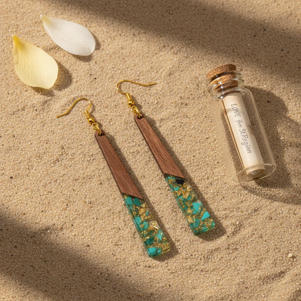 Green Resin & Wood Goldtone Long ‌Trapezoid Hook Earrings - Image 4