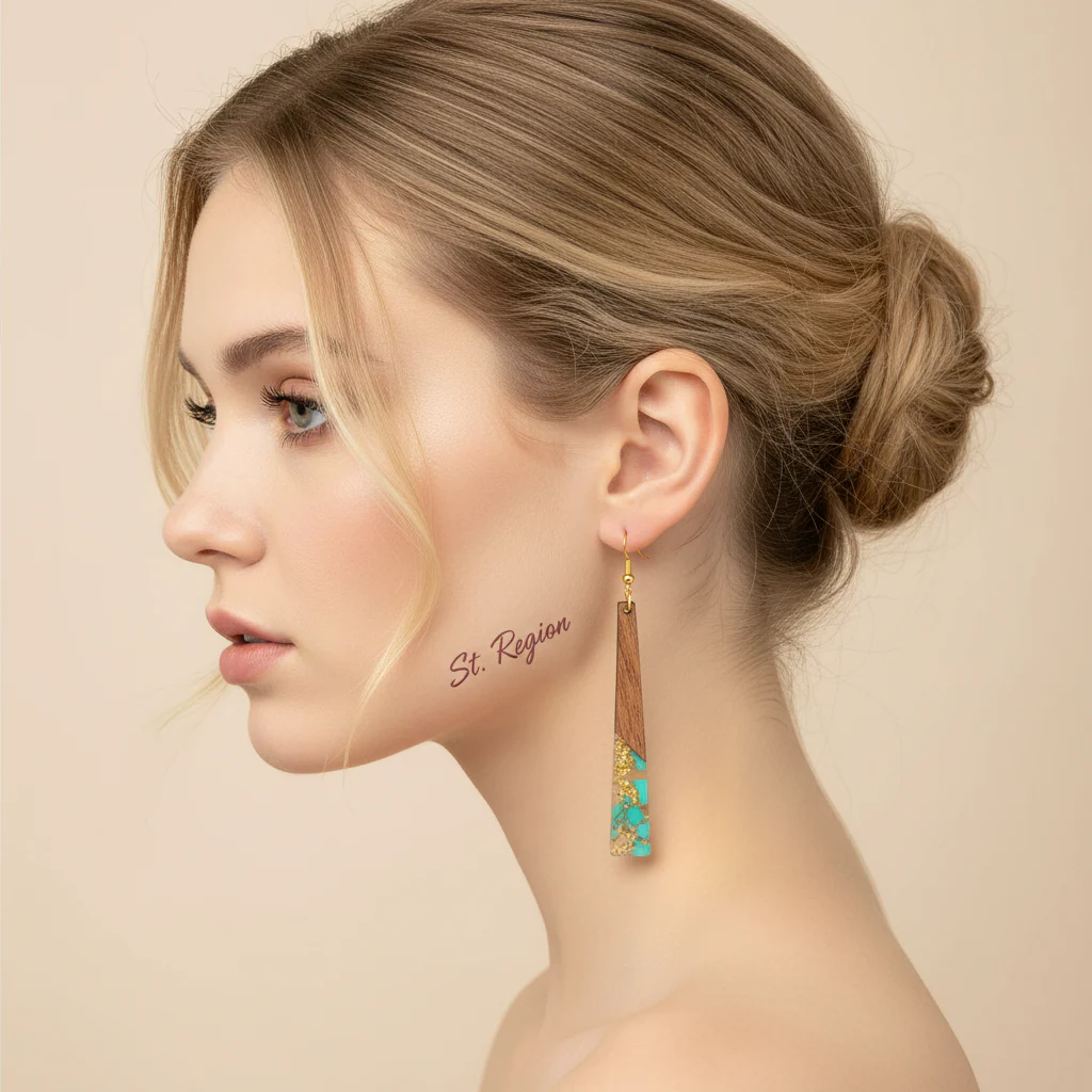 Green Resin & Wood Goldtone Long ‌Trapezoid Hook Earrings - Image 5