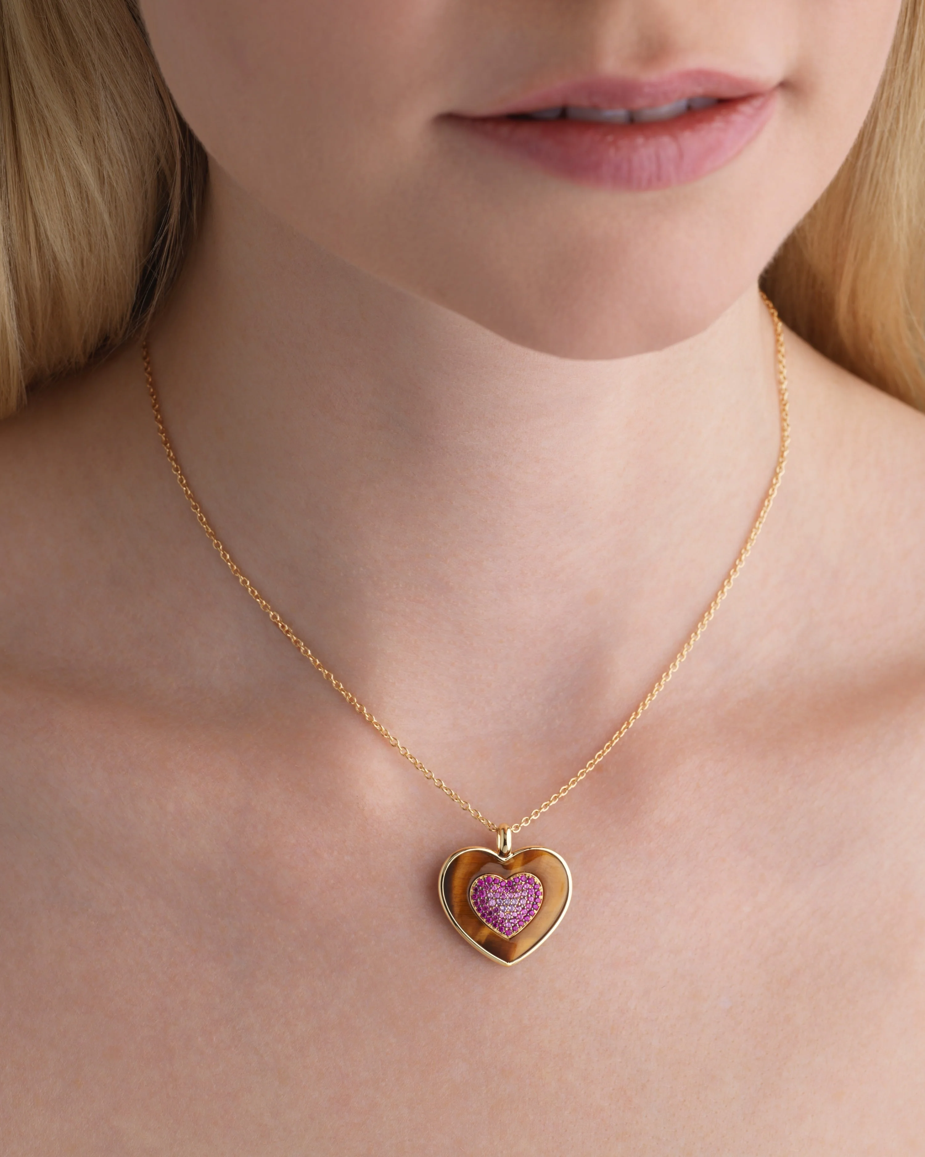 Rock Heart Necklace - Pink Sapphire, Tiger's Eye - Image 2