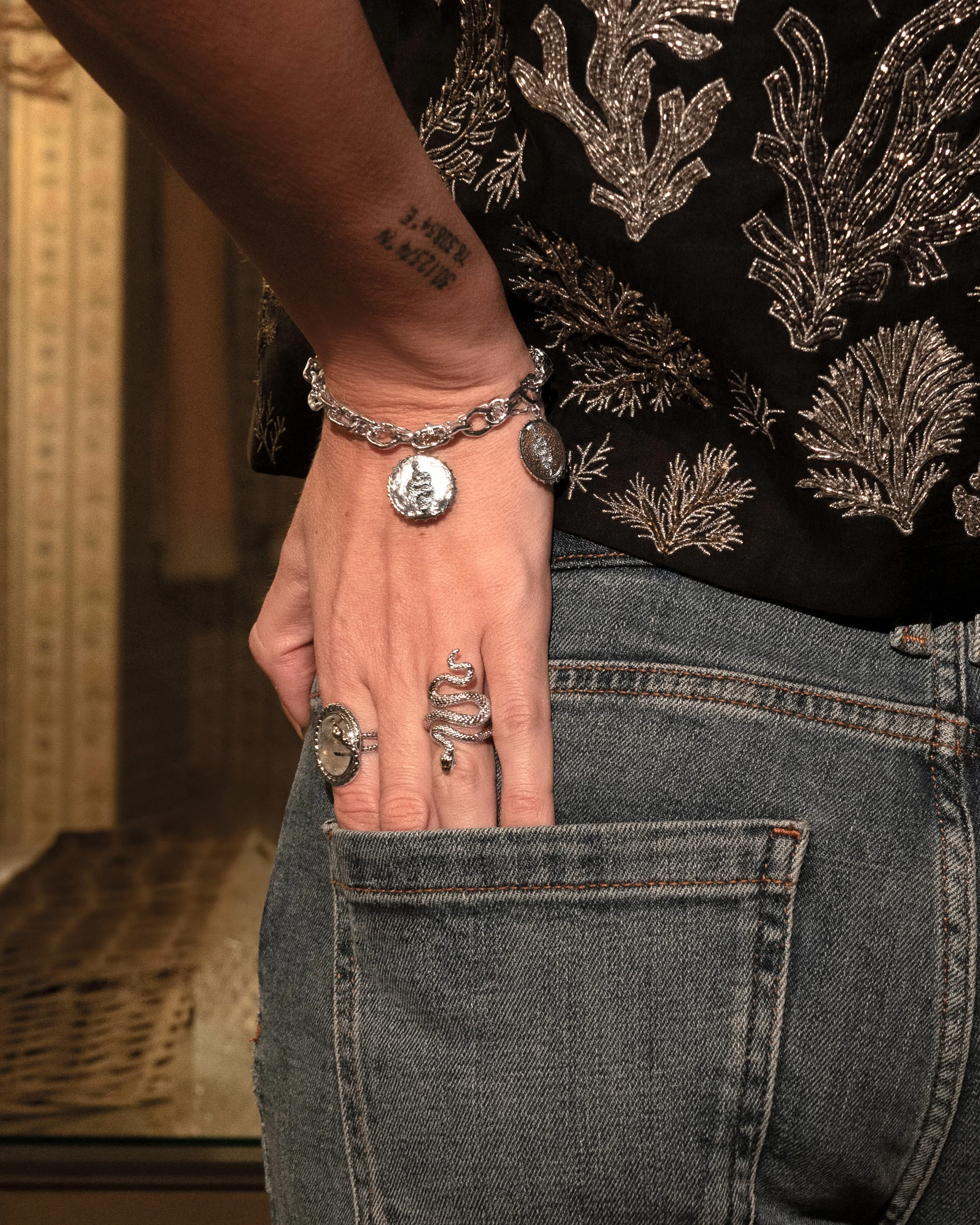 Trinity Snake Coin Double Chain Bracelet in Silver - Image 2