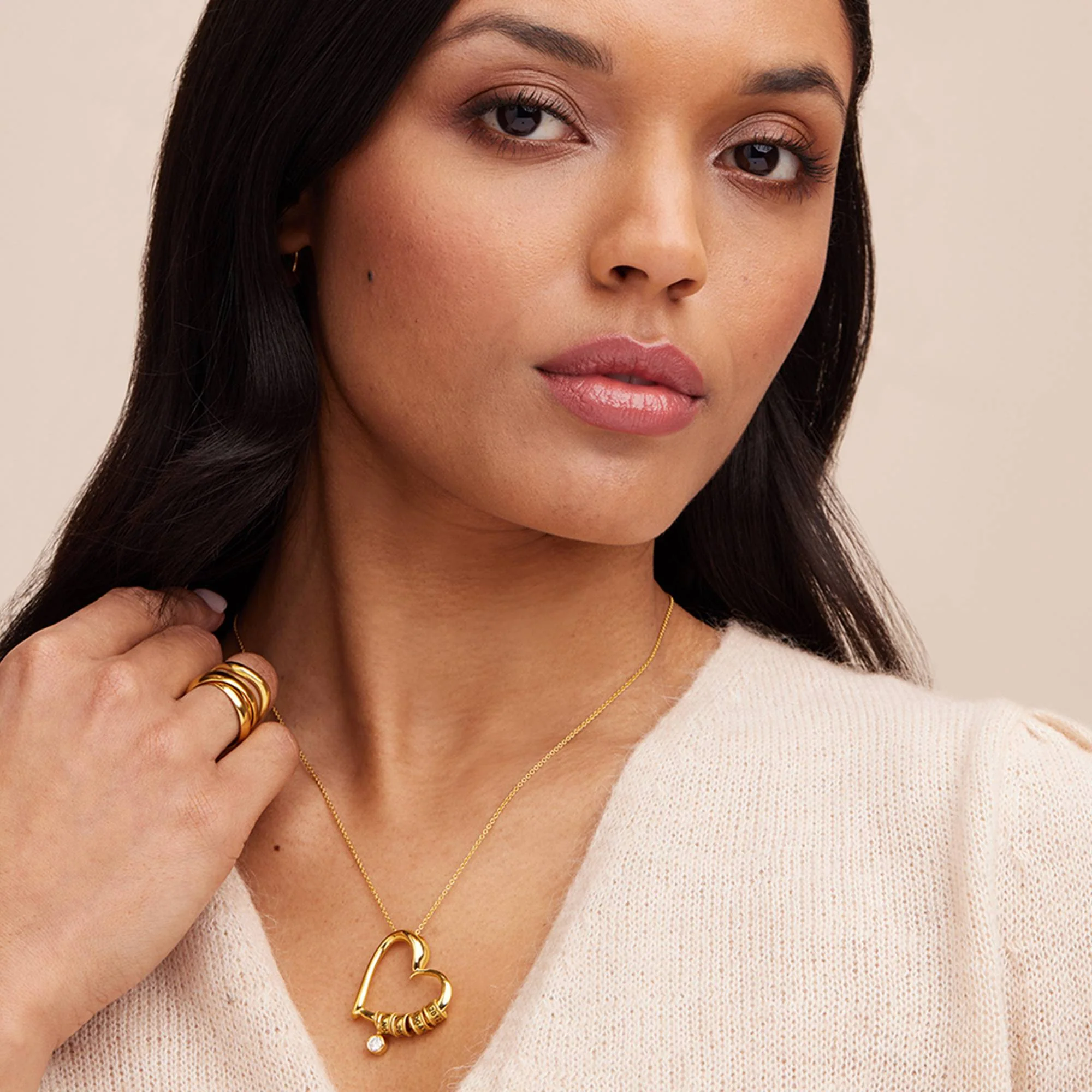Charming Heart Necklace with Engraved Beads & 0.25CT Diamond in Gold Plating - Image 3