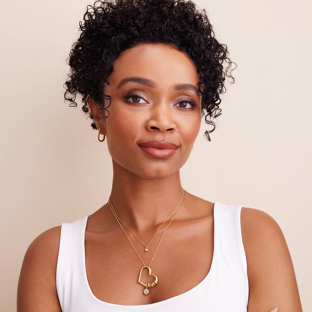 Charming Heart Necklace with Engraved Beads & 1CT Diamond in Gold Plating - Image 2