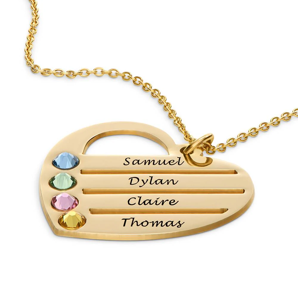 Birthstone Heart Necklace with Engraved Names in Gold Plating - Image 4