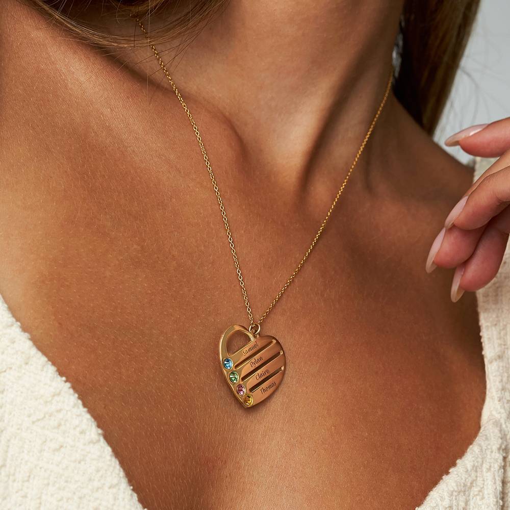 Birthstone Heart Necklace with Engraved Names in Gold Plating - Image 5