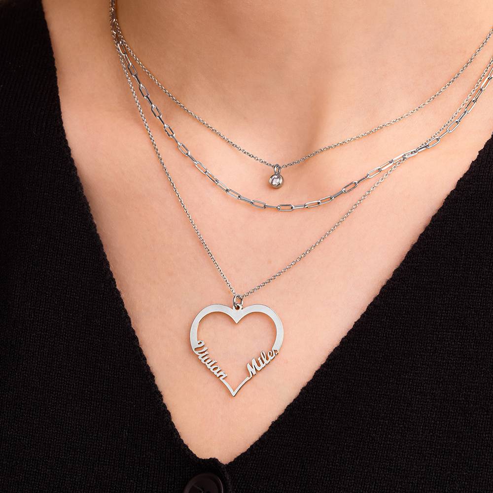 Contour Heart Pendant Necklace with Two Names in Silver - Image 4