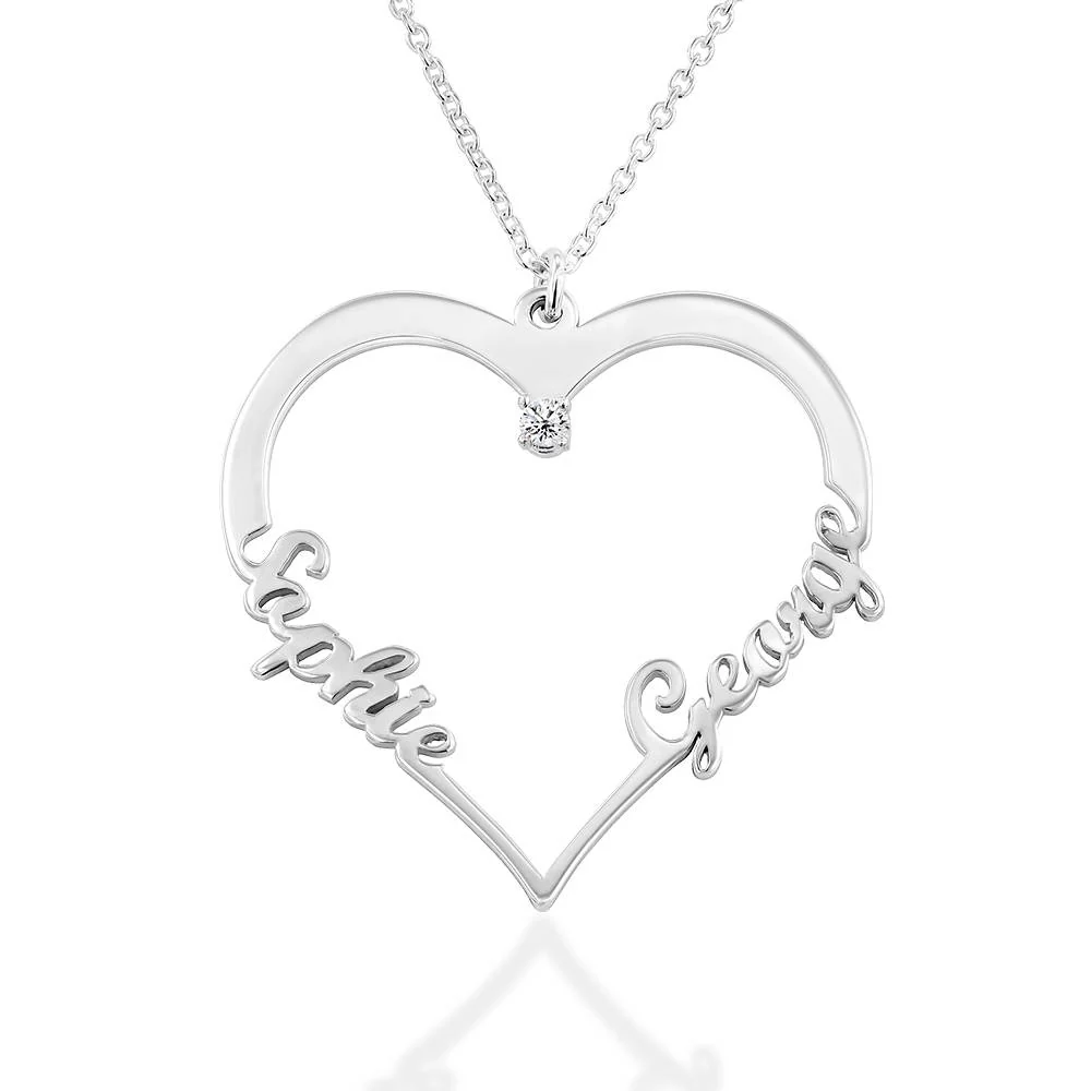Contour Heart Pendant Necklace with Two Names & 0.05CT Lab Diamond in Silver