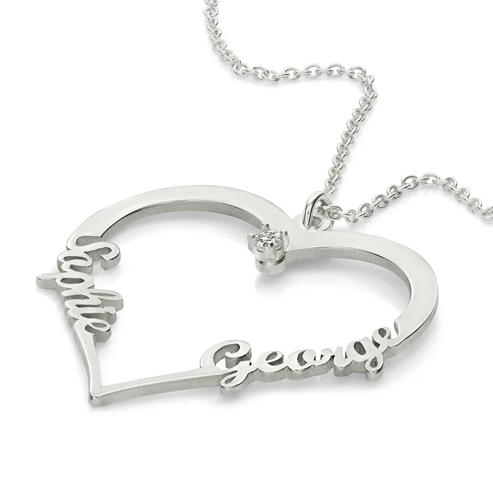 Contour Heart Pendant Necklace with Two Names & 0.05CT Lab Diamond in Silver - Image 3