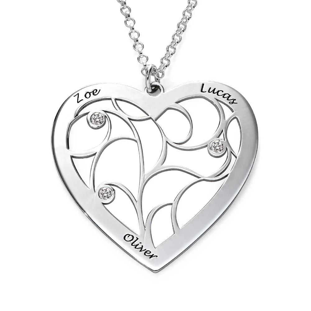 Heart Family Tree Necklace with Diamonds in Silver