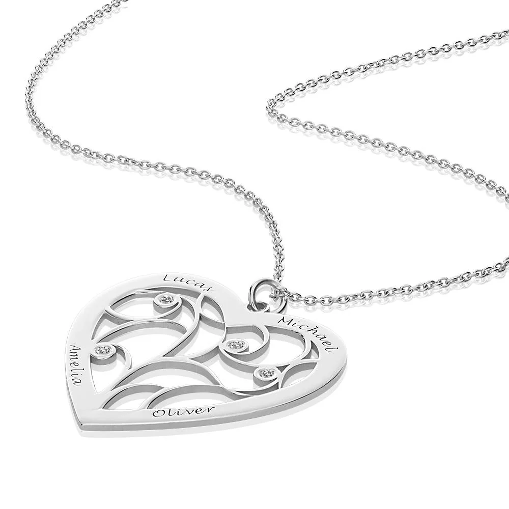 Heart Family Tree Necklace with Diamonds in Silver - Image 3
