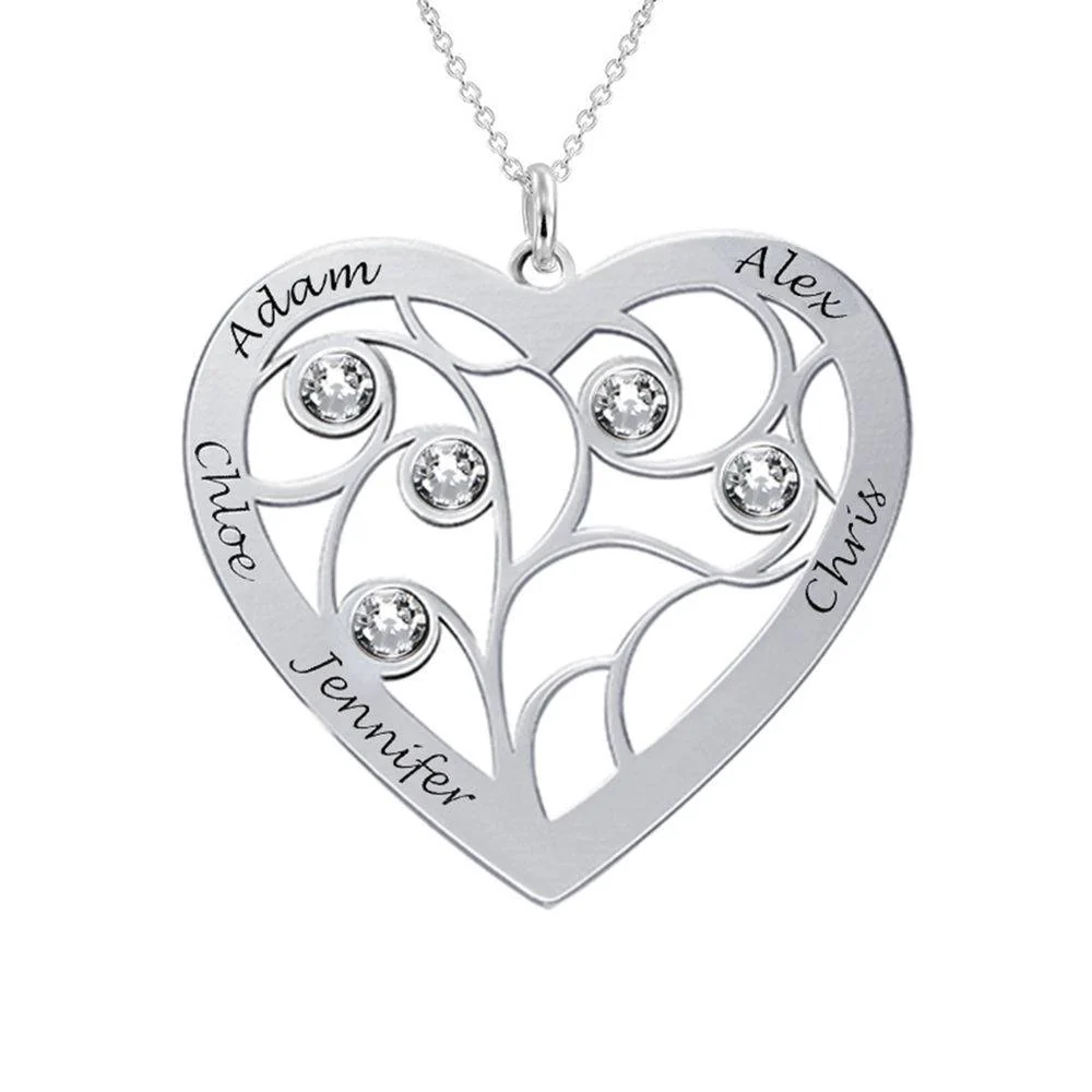 Heart Family Tree Necklace with Birthstones in Silver - Image 5