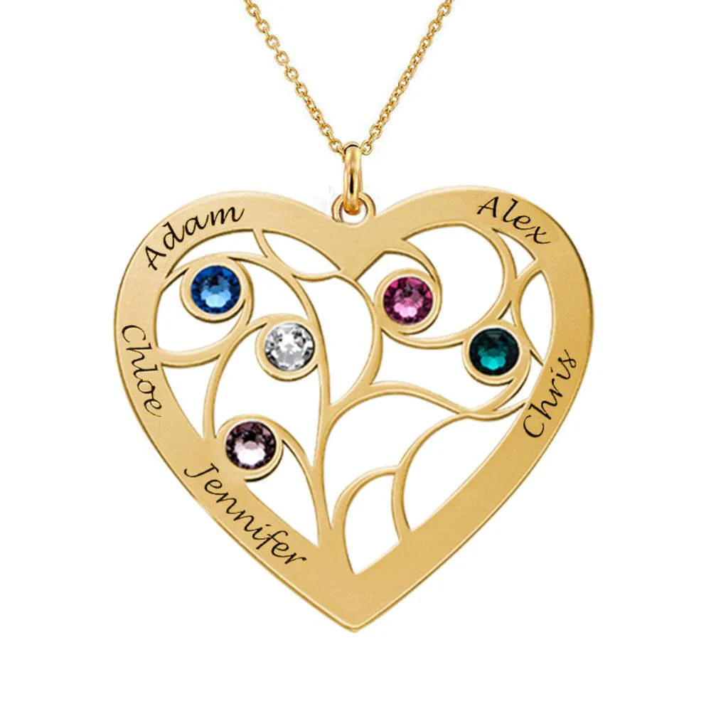 Heart Family Tree Necklace with Birthstones in Gold Plating