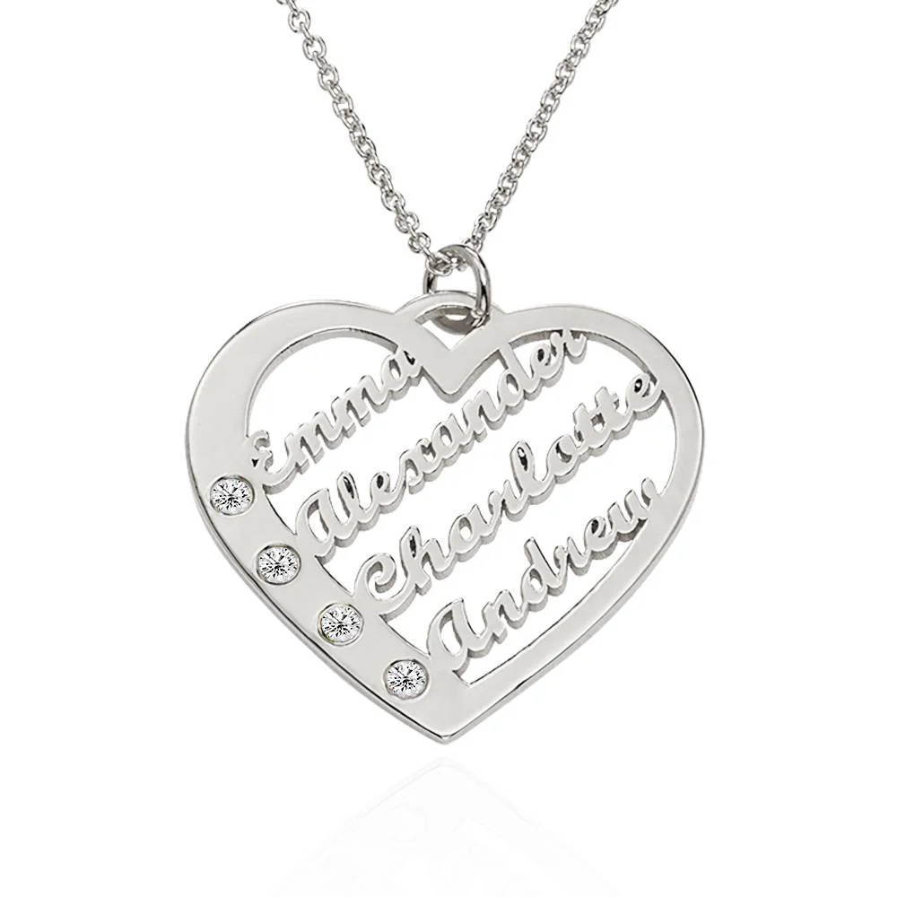 Ella Diamond Heart Necklace with Names in Silver